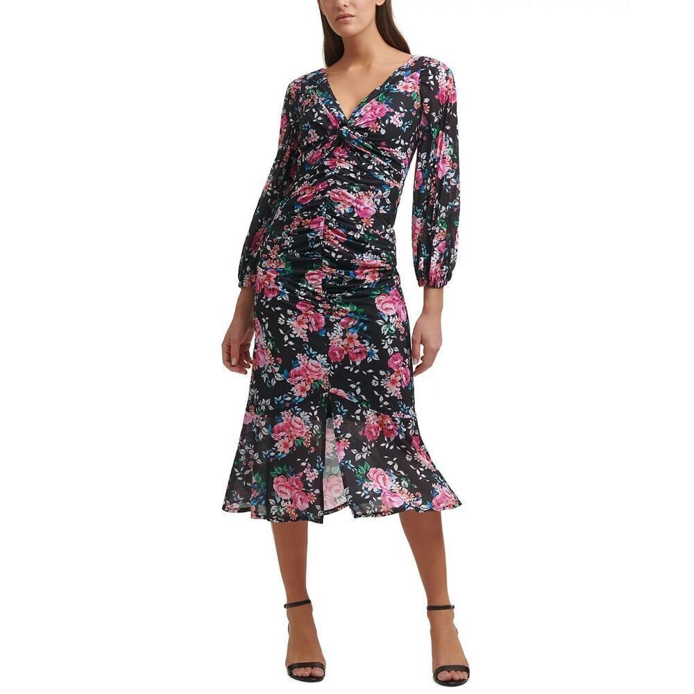 NEW Guess Long Sleeve Floral Ruched Mermaid Style Midi Dress Sz4 Party, Wedding